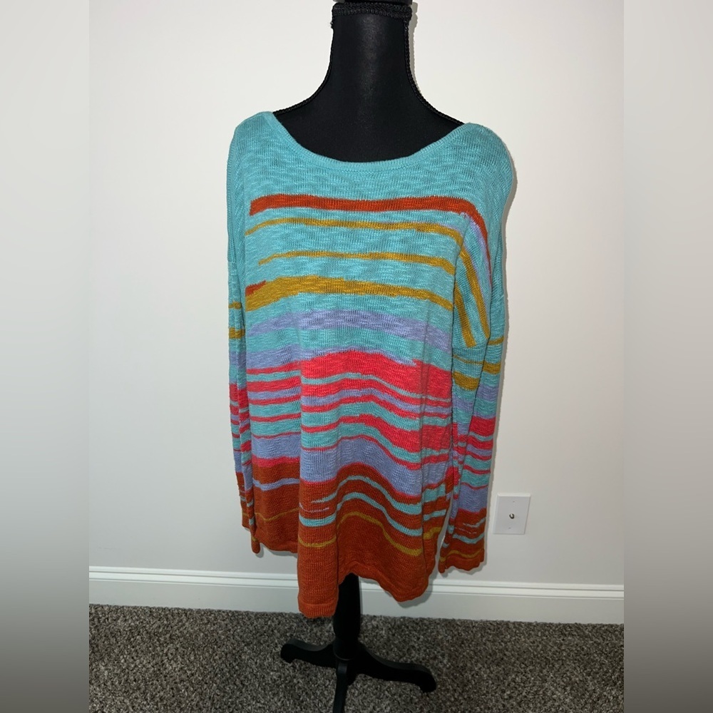 Soft Surroundings Teal and Rust Boat neck Knit Sweater Top Size Large